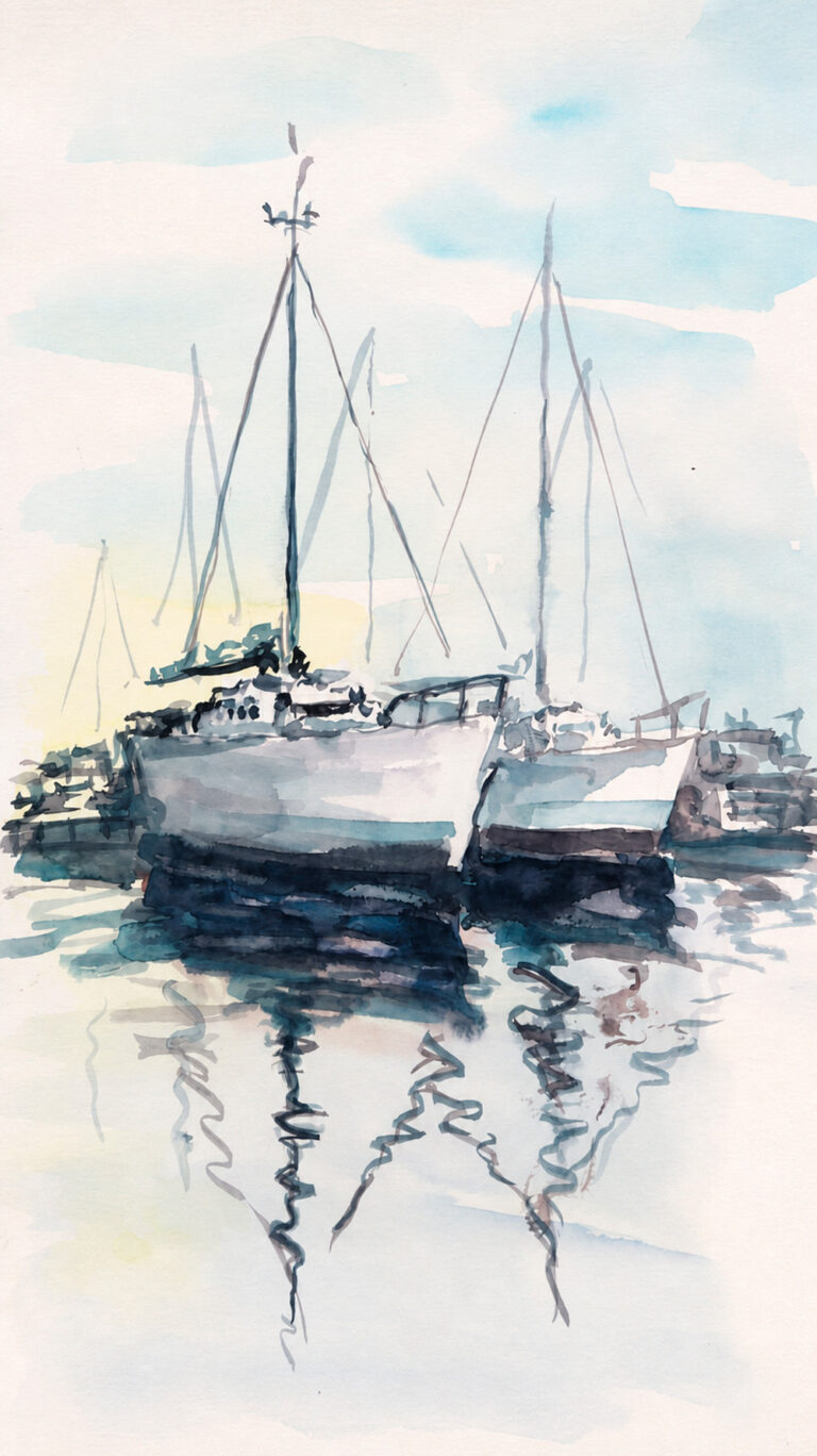 Acuarela barcos fondeados