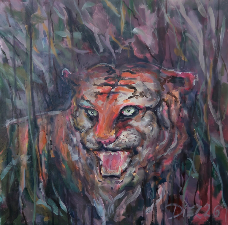 Cuadro de tigre entre los arbusto