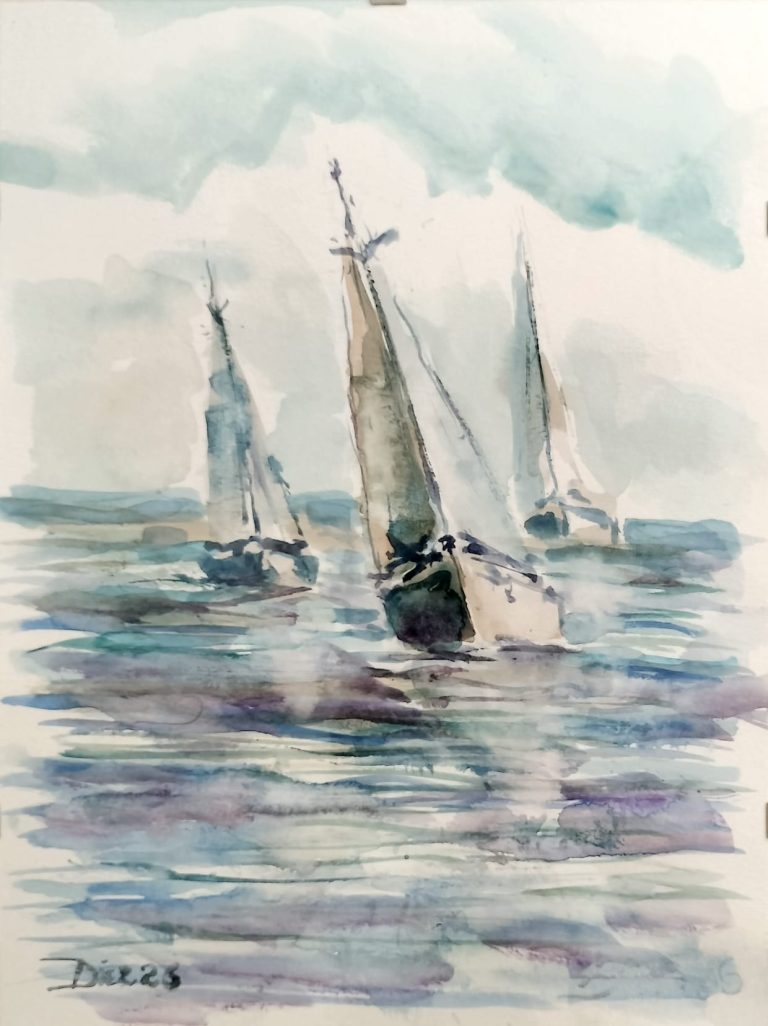 Acuarela Tres barcos sobre Malva