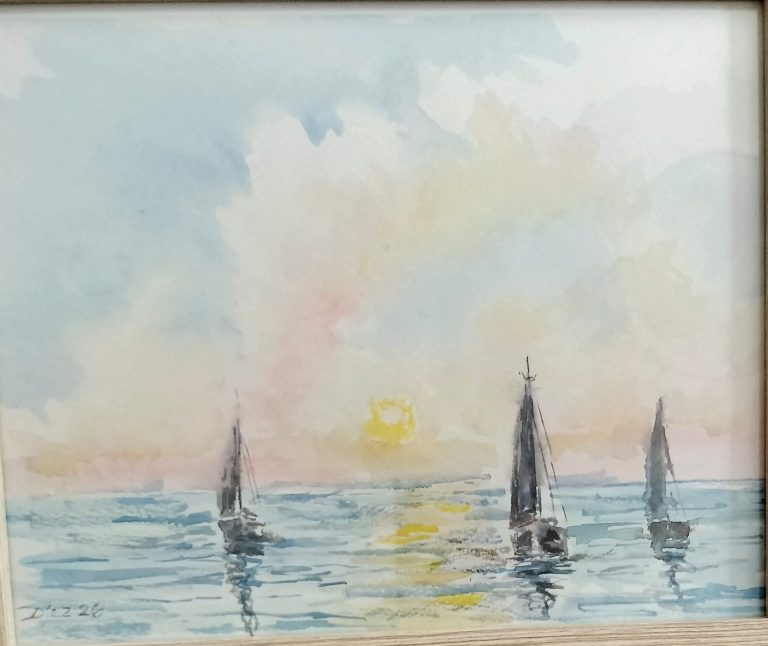 Acuarela Tres barcos y puesta de sol